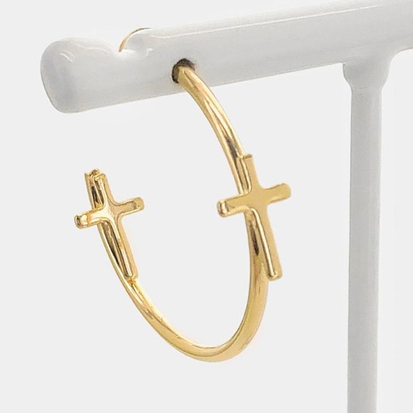 NEW 18K Gold Filled Double Cross Hoop Earrings - Picture 3 of 5
